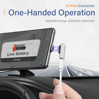 Smartphone with a cable connected to a car dashboard display, emphasizing 'One-Handed Operation' and '24 Pins Connector'.