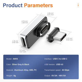 USB C to USB C adapter with dimensions and product parameters on a white background