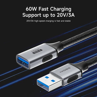 USB cable with metal connectors on a dark background, highlighting fast charging capabilities.