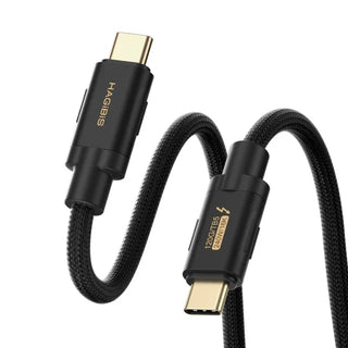 Black USB cable with gold connectors on a white background
