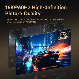 High-definition display with a racing car scene and 16K Ultra HD branding.