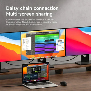 Multi-monitor setup with laptop and mouse on a desk, showcasing Daisy chain connection and multi-screen sharing.
