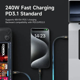 Smartphone with a charging cable on a dark background, featuring text about fast charging technology.