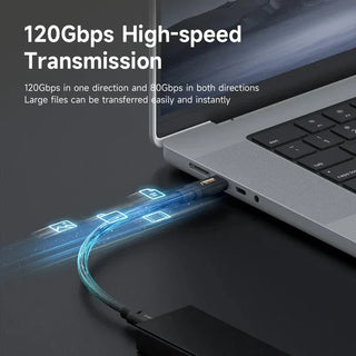 Laptop with a USB cable connected, highlighting 120Gbps high-speed transmission capabilities.