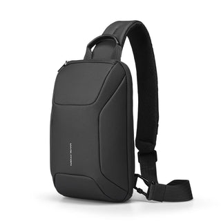 A black crossbody sling bag with a padded shoulder strap, shown from a three-quarter angle on a clean white background.