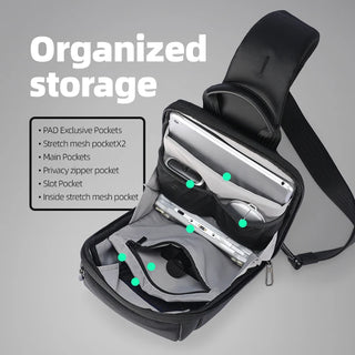 Black crossbody phone bag shown open on a light gray background with text reading 'Organized storage' and a list of storage features. The bag contains a tablet, earbuds, and other accessories, with green dots highlighting interior pockets.