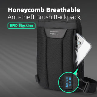 Black honeycomb textured anti-theft backpack with a phone inserted in a side pocket, shown on a dark gray background with promotional text and a circular close-up callout labeled RFID Blocking.