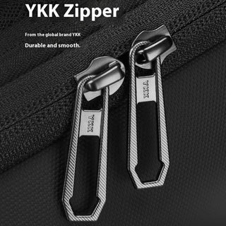 Close-up of two YKK zipper pulls on a black textured fabric, with white text reading 'YKK Zipper' and 'From the global brand YKK Durable and smooth.'.