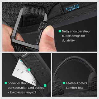 Three-panel close-up collage of a black shoulder strap bag with feature callouts: a hand adjusting a buckle, a card sliding into a pocket, and a leather-coated comfort tote loop.