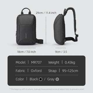 Black and gray dual-view product diagram of a shoulder bag with dimensions labeled (29cm height, 18cm width, 9cm depth) and a specification panel below showing model MR707, Oxford fabric, 0.43kg weight, 95-125cm strap length, and black/gray color options.