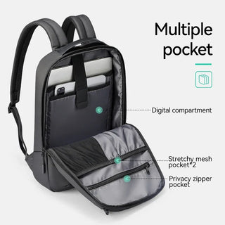 Backpack with multiple pockets, digital compartment, mesh and zipper pockets for tech essentials.