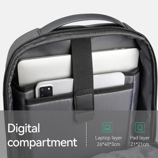 Open backpack with laptop and tablet compartments, holding a laptop and smartphone, digital organizer.