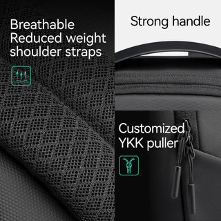 Close-up of a black backpack showing breathable shoulder straps, strong handle, and YKK zipper pulls.