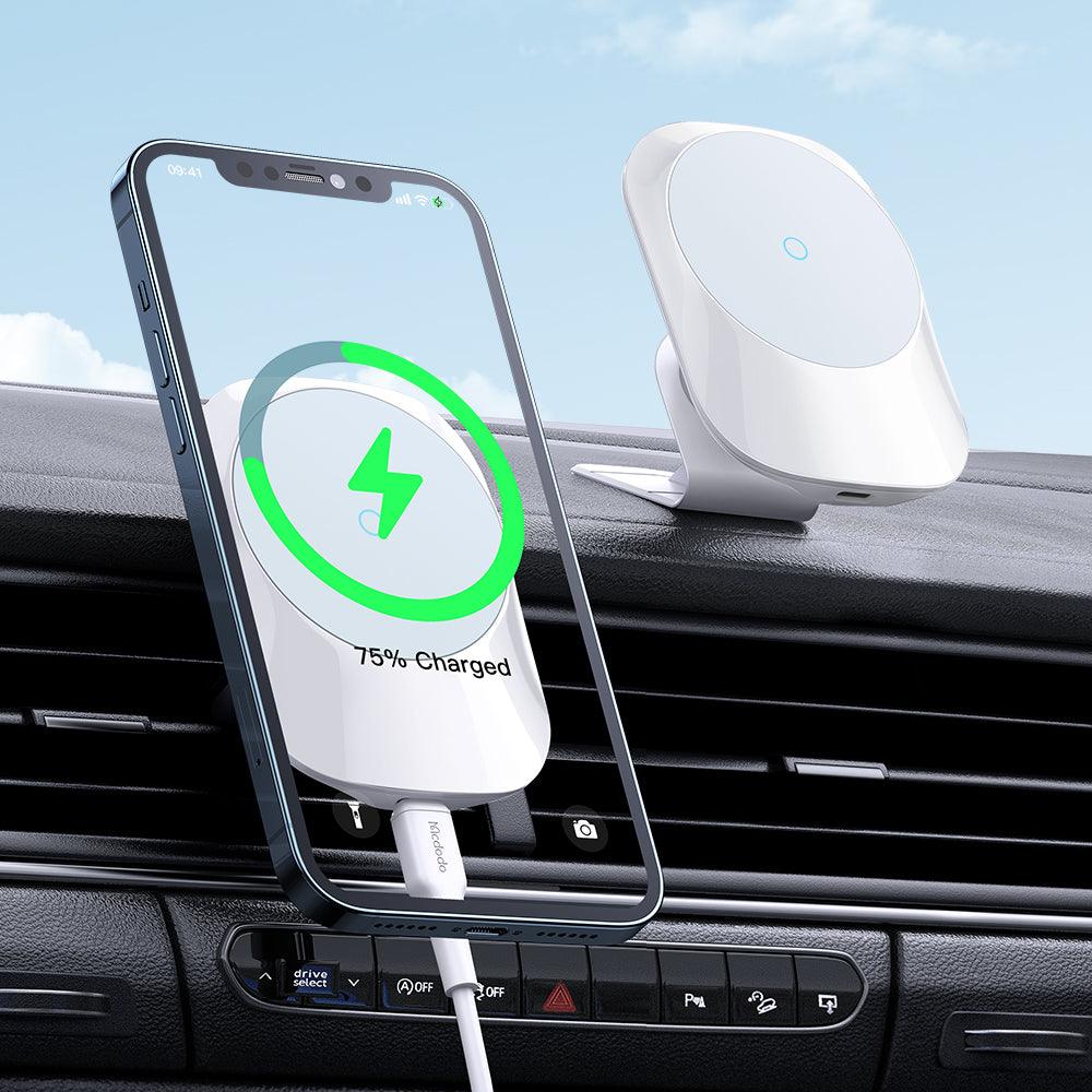 Mcdodo 15W Magnetic Wireless Car Charger for iPhone Air Vent Mount - product variant white front angled view - b.savvi