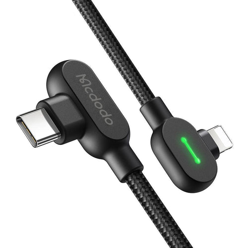Mcdodo 90 Degree 36W USB C to Lightning Cable PD 3A (UK) - product main black front angled view - b.savvi