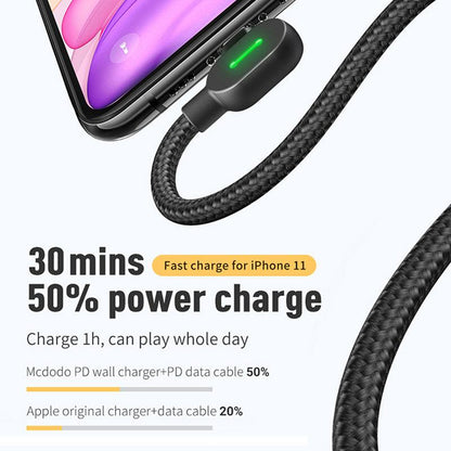 Mcdodo 90 Degree 36W USB C to Lightning Cable PD 3A (UK) - product details 30 mins 50% power charge - b.savvi