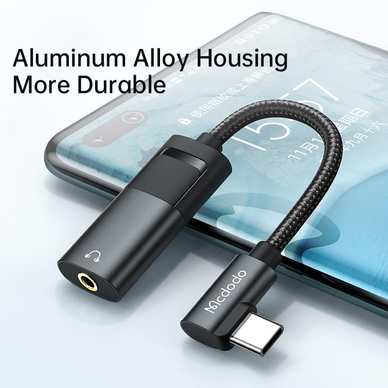 Mcdodo 90 Degree Audio Adapter USB C to 3.5mm DAC Earphone Mic 60W PD - product details aluminium alloy housing - b.savvi