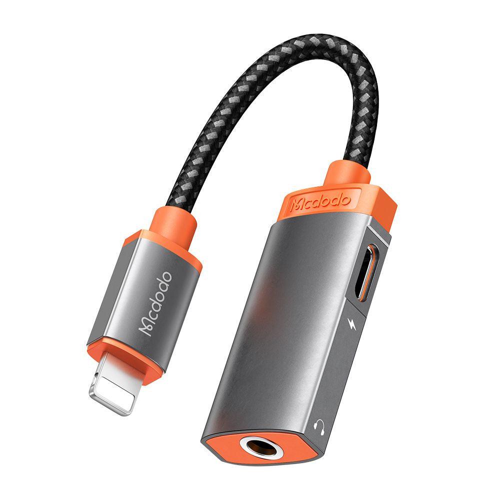 Mcdodo Audio Adapter Lightning to 3.5mm Splitter DAC Earphone Music 2.4A - product main grey front angled view - b.savvi