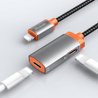 Mcdodo Audio Adapter Lightning to 3.5mm Splitter DAC Earphone Music 2.4A - product variant grey front angled view dual lightning - b.savvi