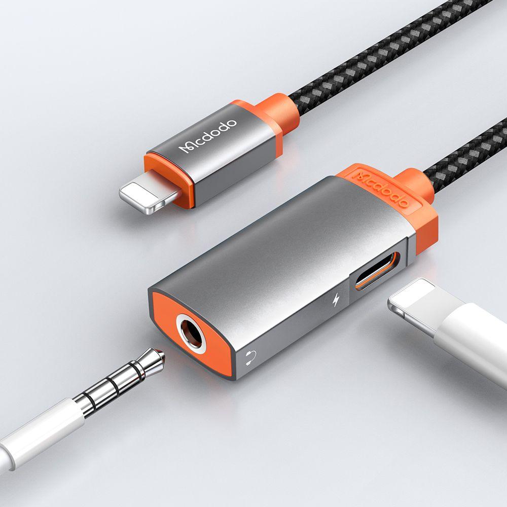 Mcdodo Audio Adapter Lightning to 3.5mm Splitter DAC Earphone Music 2.4A - product variant grey front angled view lightning 3.5mm jack - b.savvi