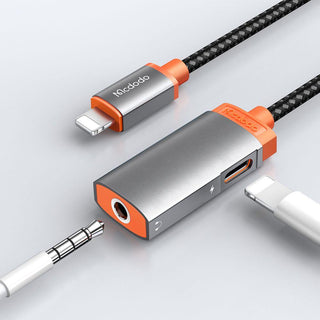 Mcdodo Audio Adapter Lightning to 3.5mm Splitter DAC Earphone Music 2.4A - product variant grey front angled view lightning 3.5mm jack - b.savvi