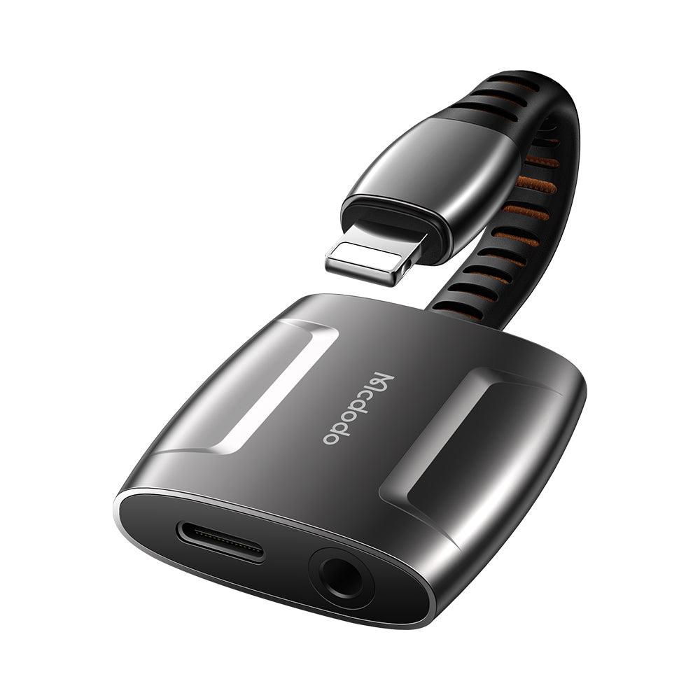 Mcdodo Audio Adapter Lightning to 3.5mm Splitter Earphone Music Calls Charging - product main grey front angled view - b.savvi