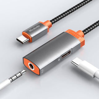 Mcdodo Audio Adapter USB C to 3.5mm Splitter DAC Earphone Music Call 60W - product variant grey front angled view usb c & 3.5mm jack - b.savvi