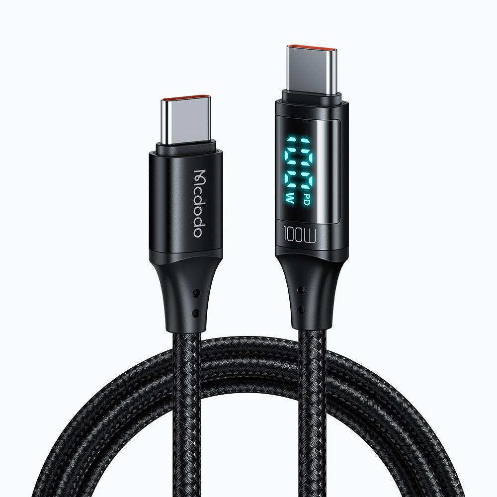 Mcdodo LED Display USB C to USB C 100W 5A PD Cable - product main black front angled view - b.savvi