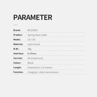 Product specifications for a spring data cable with MCDODO branding on a white background.