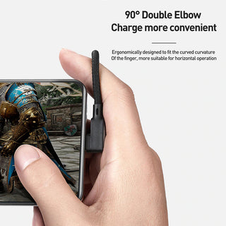 Hand holding a smartphone with a 90-degree double elbow design, showing a game on screen.