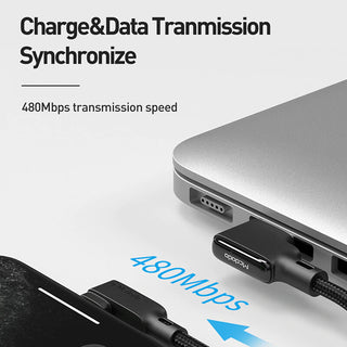 Laptop with a USB-C cable connected to a phone, highlighting 480Mbps transmission speed.