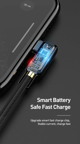 Smart charging cable with phone and text 'Smart Battery Safe Fast Charge' on a dark background