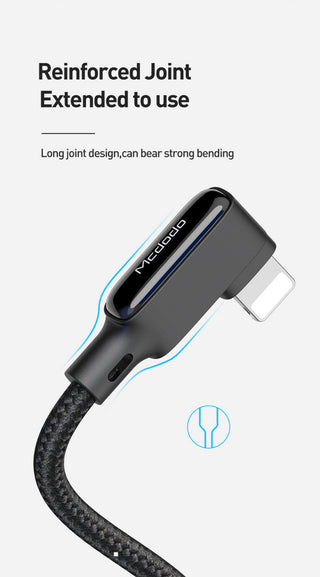 Black USB-C to Lightning cable with reinforced joint on a white background