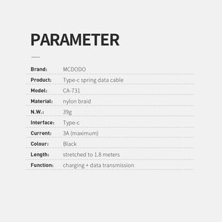 Product parameter card for MCDODO Type-c spring data cable on a white background