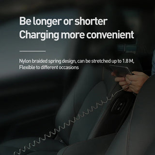 Person using a car seat charging cable with text about its flexibility and length.