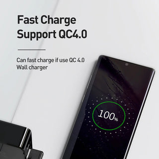Smartphone with a charging indicator on a white background, featuring text about fast charge support QC4.0.