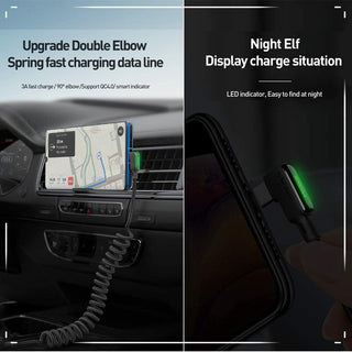 Car phone holder with charging cable and display on a dashboard, with text describing features.