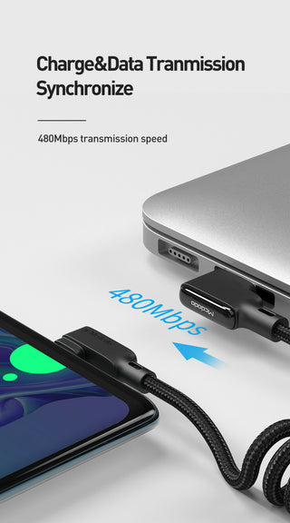USB-C cable connecting to a laptop with text indicating 480Mbps transmission speed.