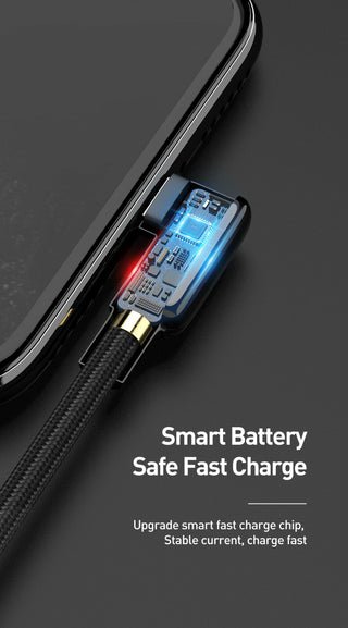 Smart charging cable with electronic components on a dark background