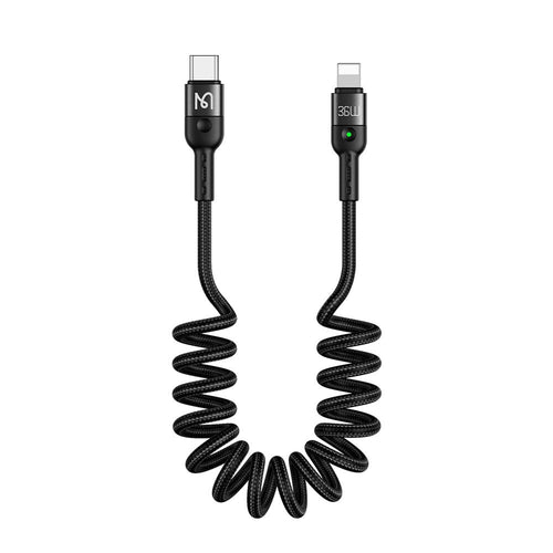 Black coiled USB cable with connectors on a white background