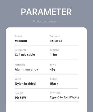Product parameter card for a coil USB cable with MCDODO branding on a gray background.