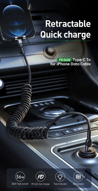 Retractable quick charge cable for car use with text on a dark background