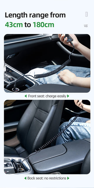 Car charger extension cable being used in a car's front and back seats.