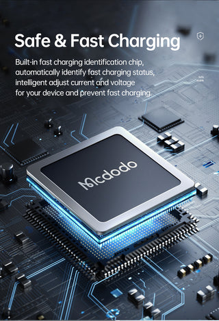 Mcdodo charging chip on a circuit board with text about safe and fast charging.