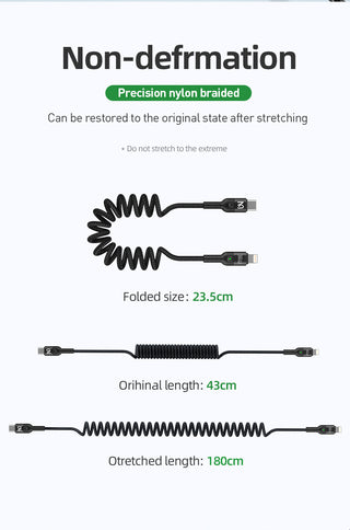 Coiled cable with stretching demonstration on a white background