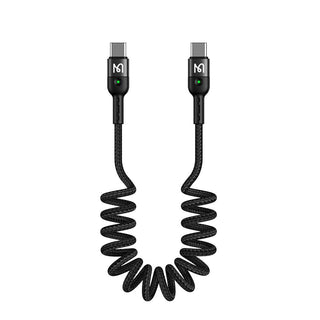 Black coiled USB cable with connectors on a white background