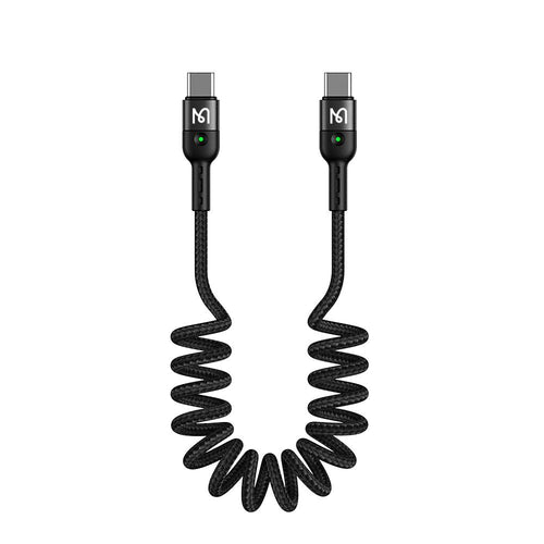 Black coiled USB cable with connectors on a white background