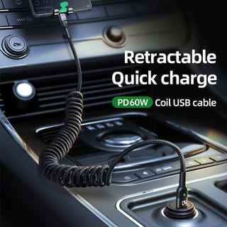 Retractable quick charge USB cable in a car dashboard