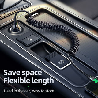 Car cup holder with a coiled black cable and text 'Save space Flexible length'.