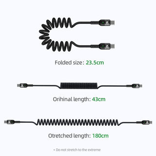 Coiled cable with measurements displayed on a white background